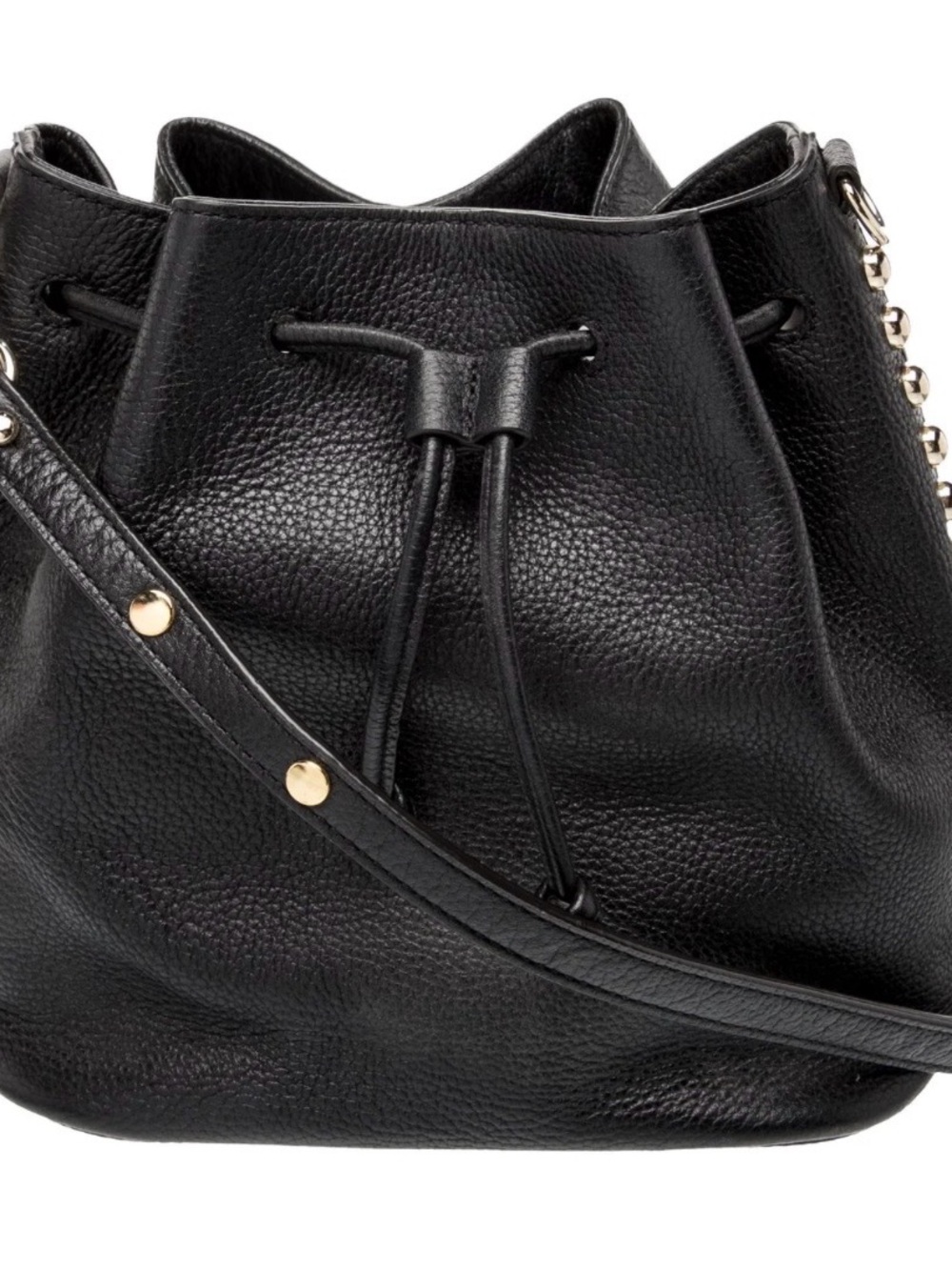 Rebecca Minkoff Black Leather Drawstring Bucket Bag with Gold Stud Detail - Picture 2 of 5
